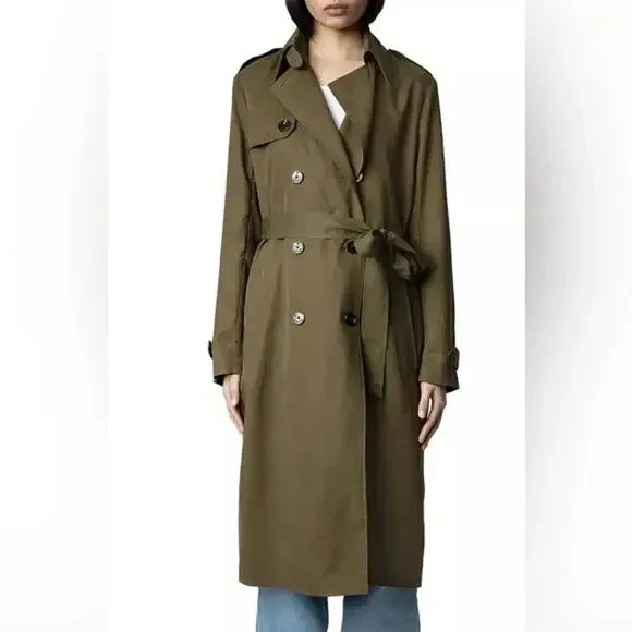 Zadig & Voltaire Trench Coat Medium Green La Parisienne Lyocell Military Belted - Picture 13 of 16